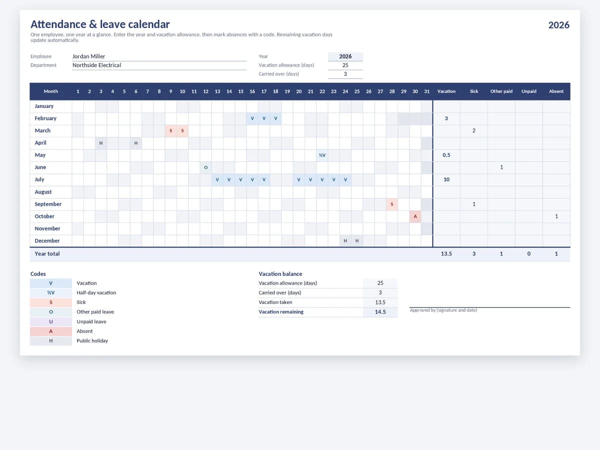 Yearly attendance and leave calendar with vacation and sick days marked