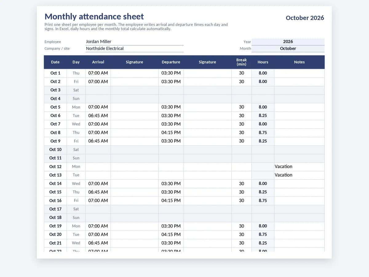 Monthly attendance sheet with arrival and departure times and signature columns