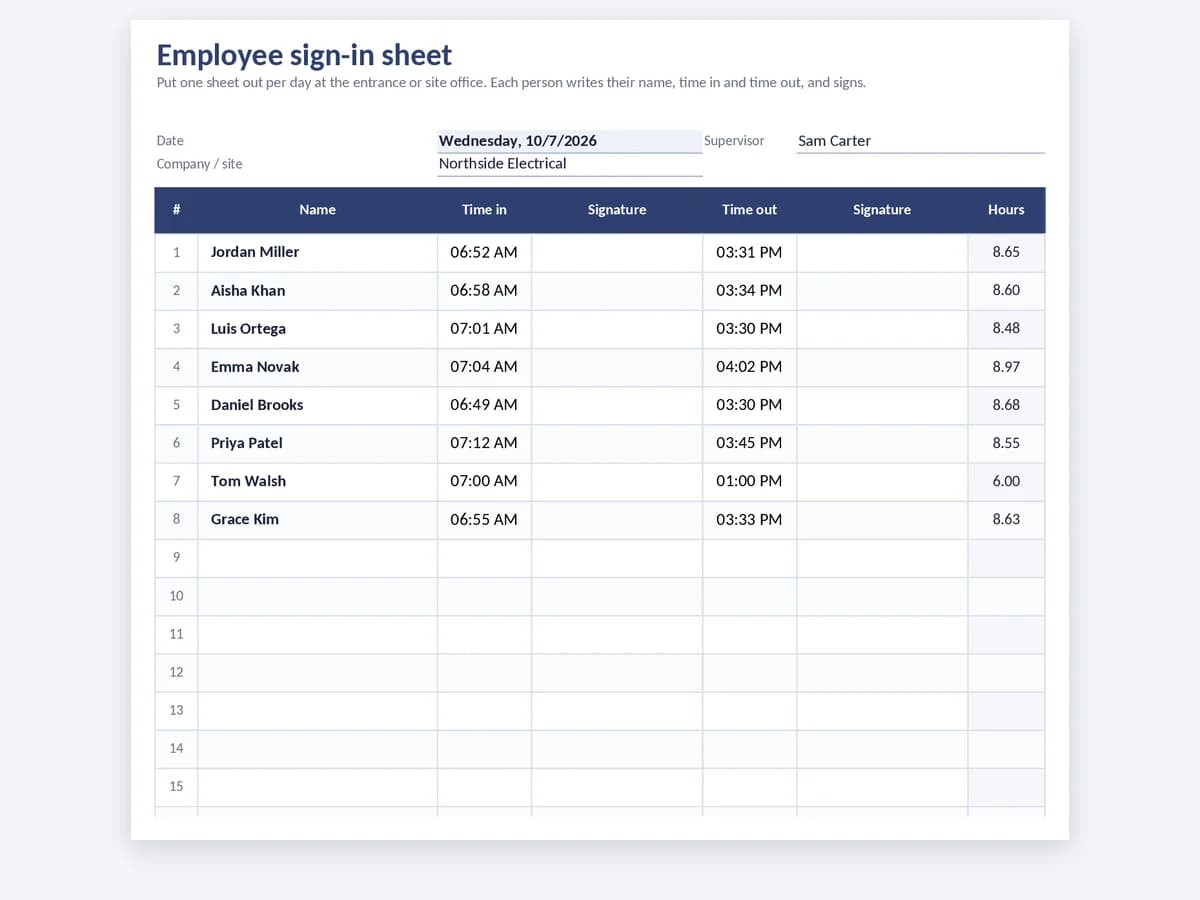 Daily employee sign-in sheet with time in, time out and signatures